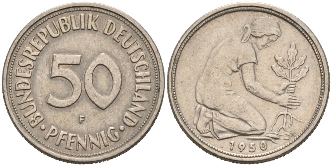 ФРГ 50 пфеннигов 1950 F KM 109, J. 384 медно-никель 92-326