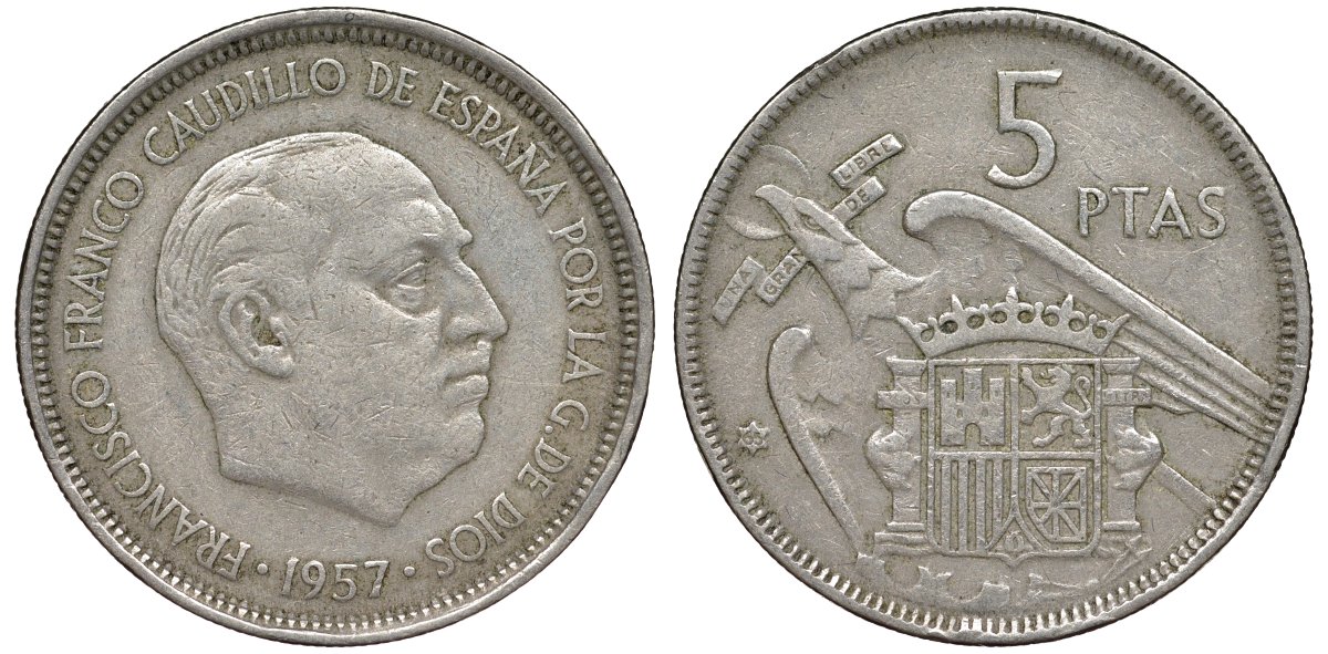 Испания 5 песета 1957 (65) Франсиско Франко (1939-1975) KM 786 медно-никель 4176-133