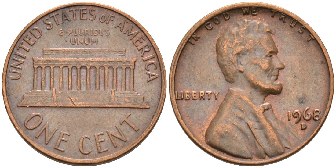США 1 цент 1968 D, Линкольн KM 201 медь цинк 4564-447