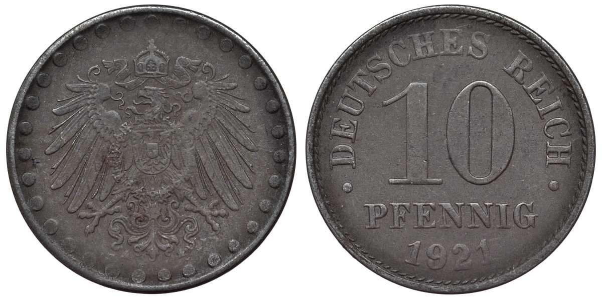 Германия 10 пфеннигов 1921 A KM 20, J. 298 железо 4119-223