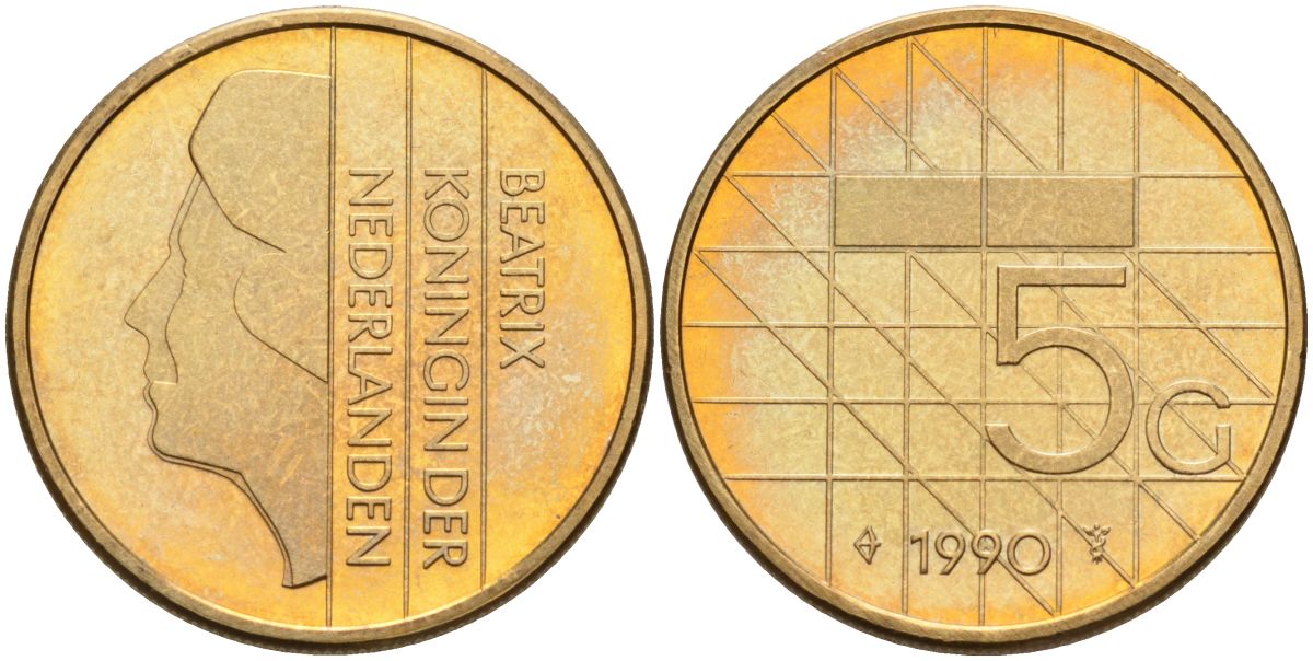 Нидерланды 5 гульденов 1990 Беатрикс (1980-2013) KM 210 никель плакированный бронзой 4116-156