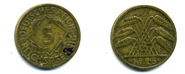 ГЕРМАНИЯ 5 РЕЙХСПФЕННИГОВ 1925 J, KM 39, J. 316 алюминиевая бронза 35-126