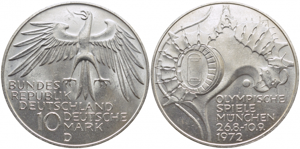 ФРГ 10 МАРОК 1972 D, ОЛИМПИАДА, СТАДИОН KM 133, J.404 серебро 109-724