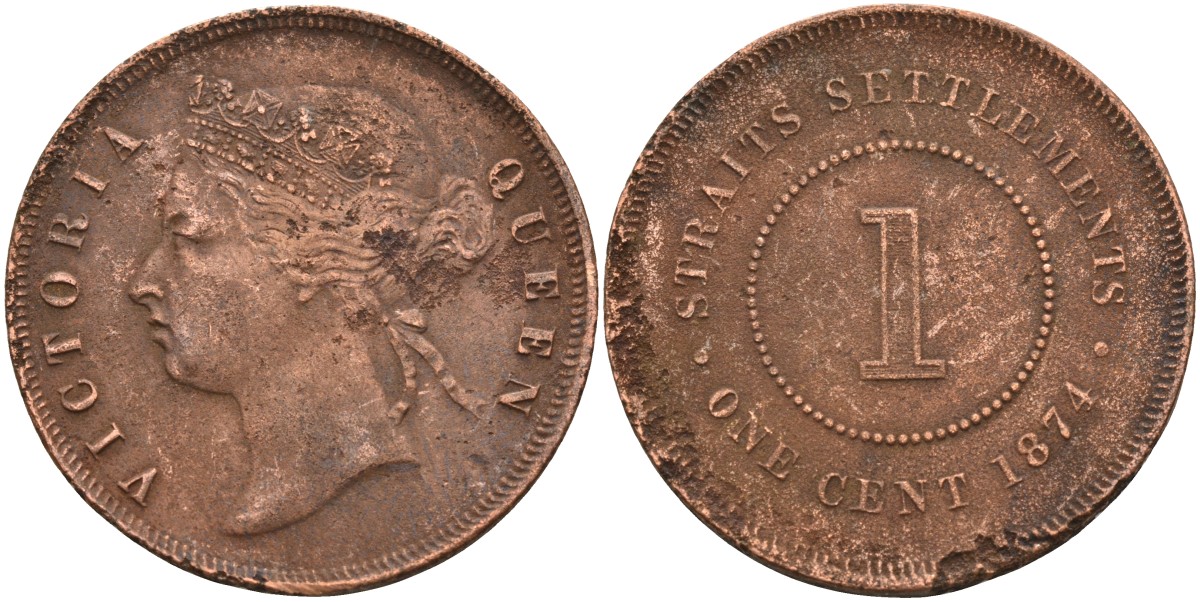 Стрейтс-Сетлментс 1 цент 1874 Виктория (1837-1901), Ост-Индская компания KM 9 медь 4590-336