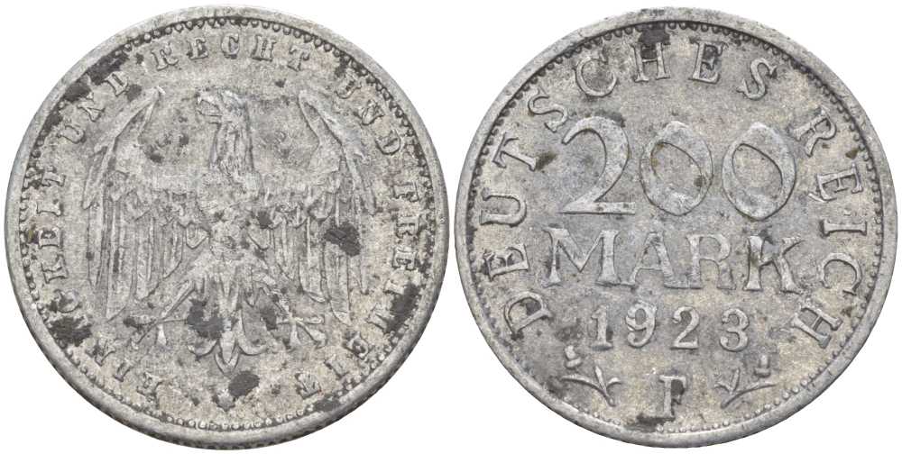 ГЕРМАНИЯ 200 МАРОК 1923 F KM 35, J. 304, Weege 22 алюминий 261-835