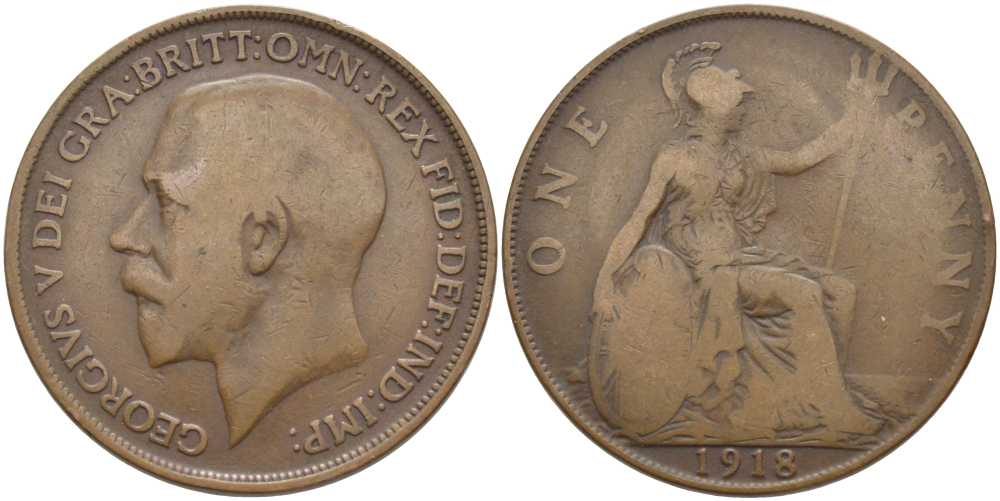 Великобритания 1 пенни 1918 Георг V (1910-1936) KM 810, Spink 4051 бронза 115-126