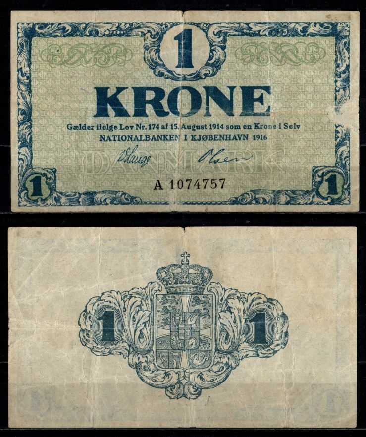 Дания 1 крона 1916 Pick 12 b бумага 2198-7-3-1