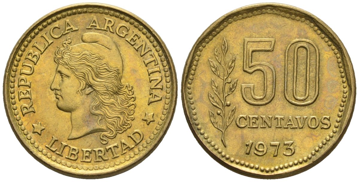 Аргентина 50 сентаво 1973 голова свободы влево KM 68, CJ 332, Schon 68 алюминиевая бронза    60-1043