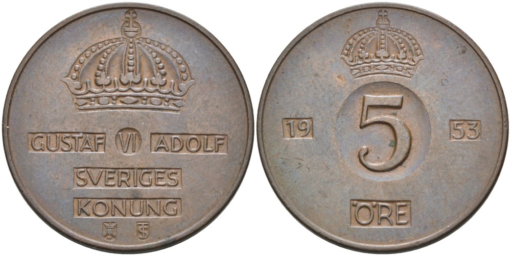 Швеция 5 эре 1953 TS, Густав VI Адольф (1950-1973) KM 822 бронза 4557-735