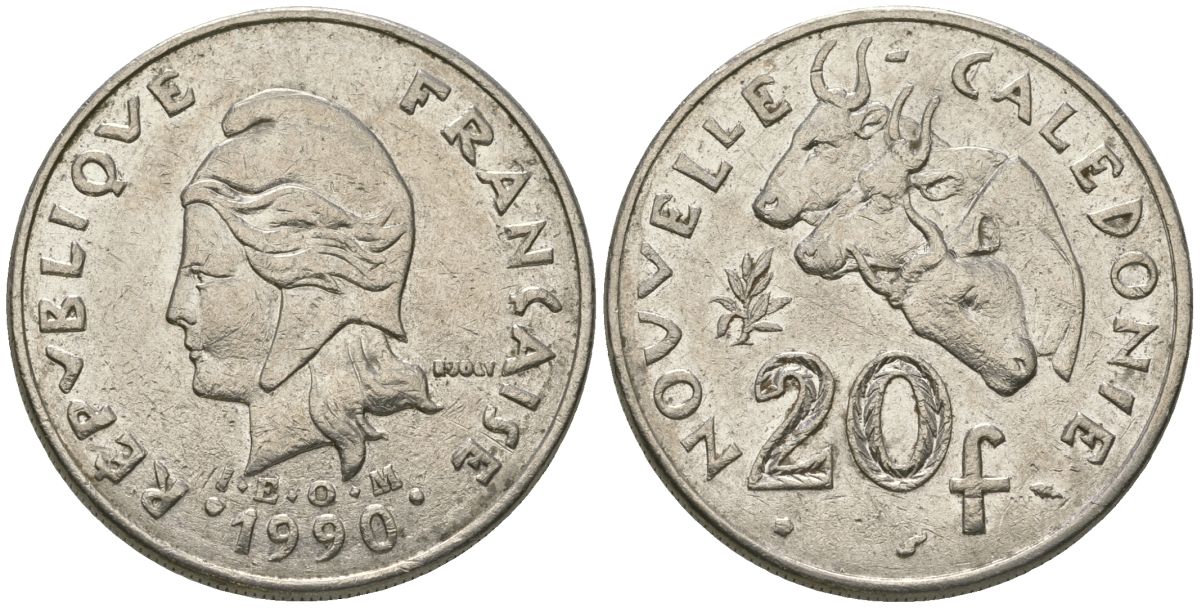 Французская Новая Каледония 20 франков 1990 три быка, (IEOM) KM 12, Schoen 14, Lec 113 никель 75-324