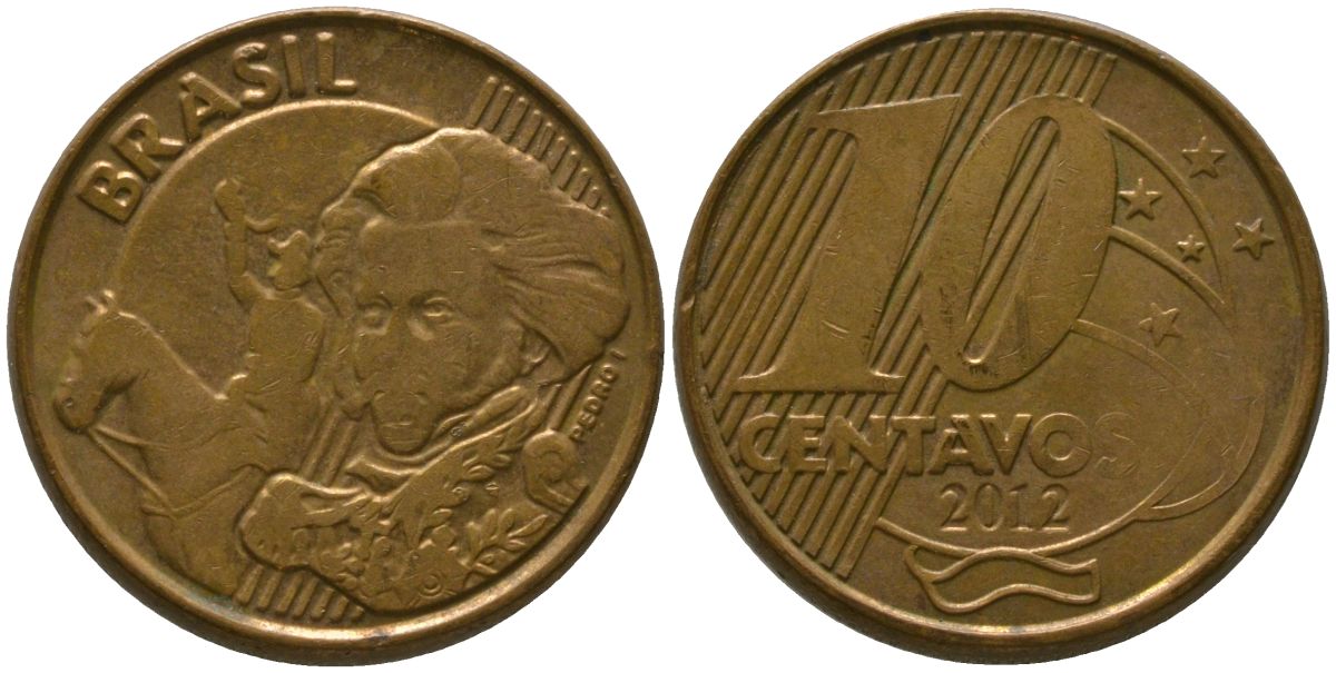 Бразилия 10 сентаво 2012 KM 649, Schon 157 сталь плакированная бронзой 4523-922