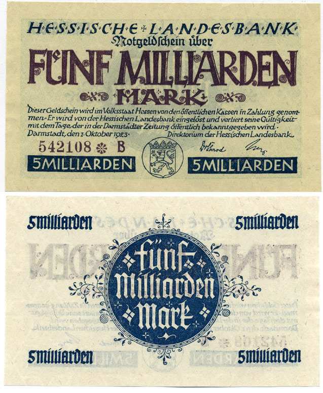 Германия, Дармштадт 5000000000 марок (5 миллиардов марок) 1923 1 октября 1923, нотгельд, земля Гессен, номер, снежинка, серия В, Hessesche Landesbank Keller 956е  бумага  UNC (пресс) 8613-22-3-2