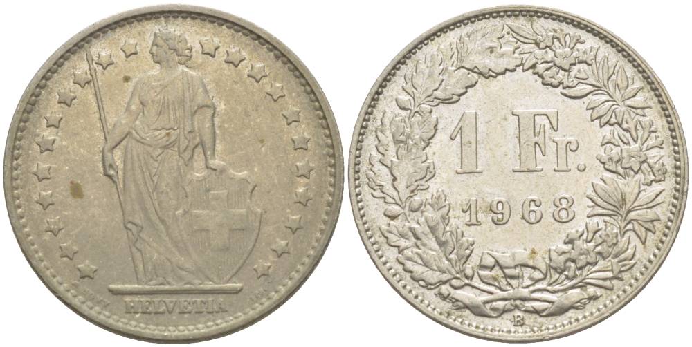 ШВЕЙЦАРИЯ 1 ФРАНК 1968 В KM 24а.1 медно-никель 4544-421