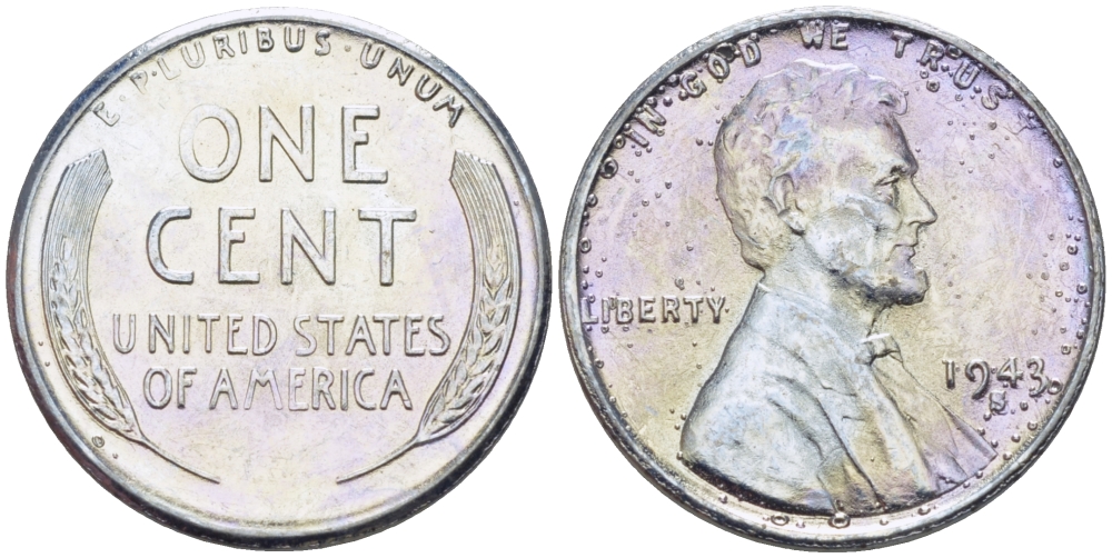 США 1 цент 1943 S (Сан-Франциско), Авраам Линкольн KM 132 a сталь плакированная цинком 39-127