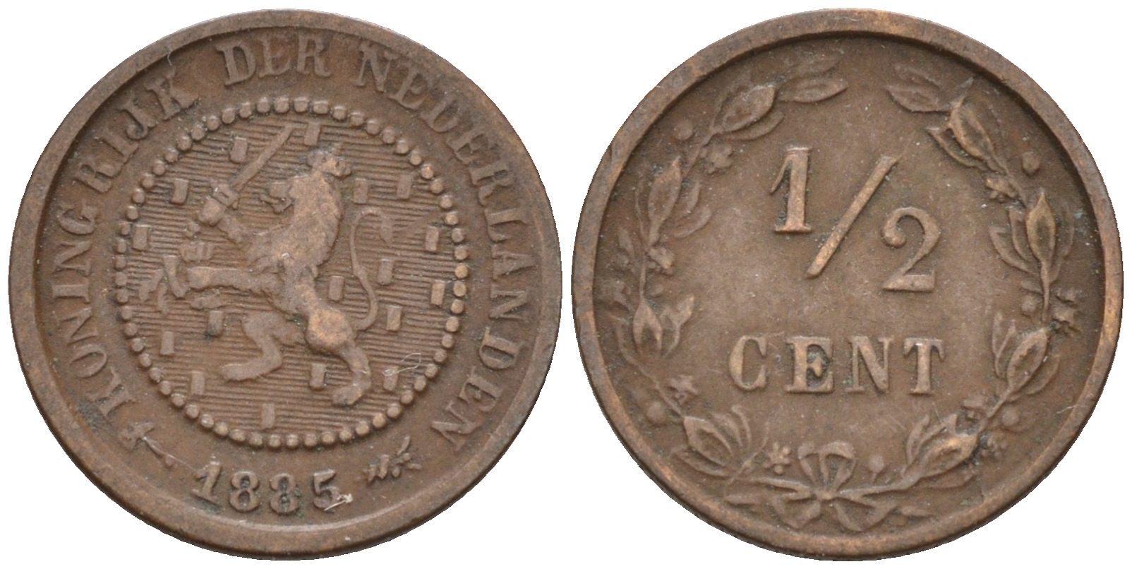 Нидерланды 1/2 цента 1885 Виллем III (1849-1890) КМ 109 бронза    4174-531