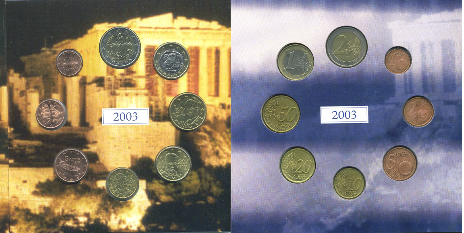 Греция набор из 3 евронаборов по 8 монет 2002-2004 оригинальный официальный набор из трех евронаборов, в картонном буклете    UNC  5-6-1-22