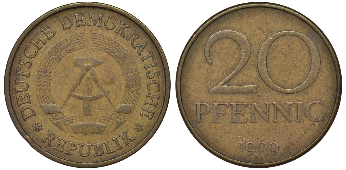 ГДР 20 пфеннигов 1969 А, первый год KM 11 латунь 62-1222