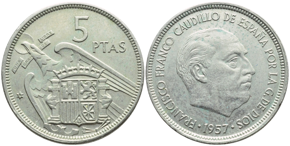 ИСПАНИЯ 5 ПЕСЕТ 1957 (74) ФРАНСИСКО ФРАНКО ДИКТАТОР ИСПАНИИ (1939-1975) KM 786 медно-никель 4395-357