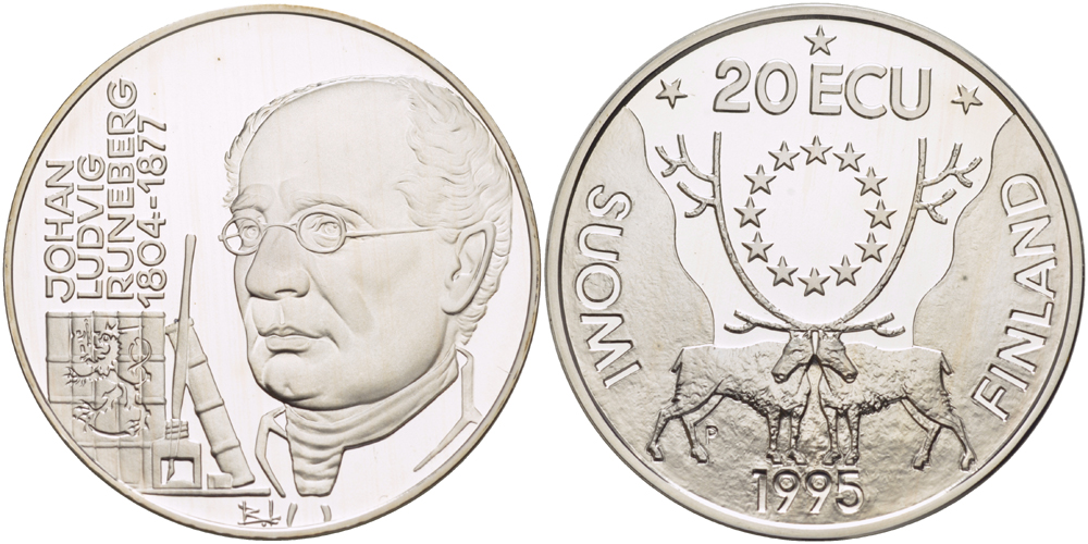 Финляндия 20 экю 1995 Йохан Людвиг Рунеберг серебро PROOF 1084-9-63