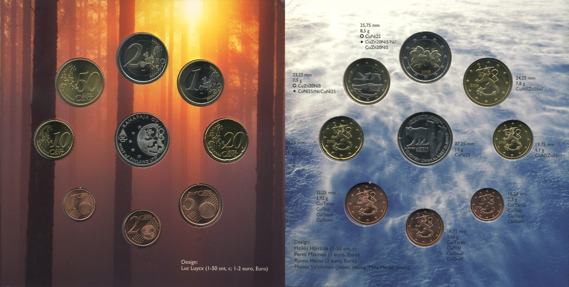 Финляндия евронабор из 8 монет + жетон 2005 природа Финляндии, официальный набор в оригинальном буклете KM MS 73 биметалл  UNC 7-4-2-43
