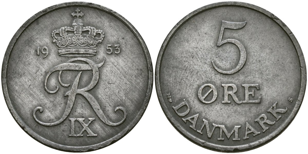 Дания 5 эре 1953 C;S, Фредерик IX (1947-1972) KM 843.2 цинк 4137-611
