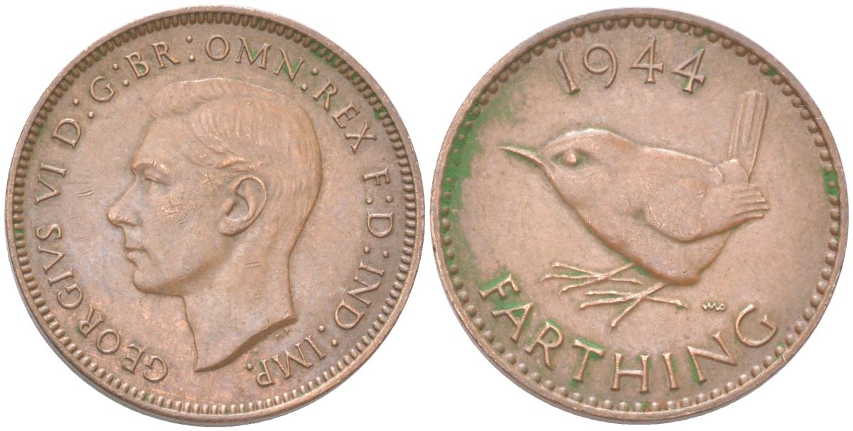 Великобритания 1 фартинг 1944 Георг VI (1936-1952) KM 843, Spink 4116 бронза 4613-514