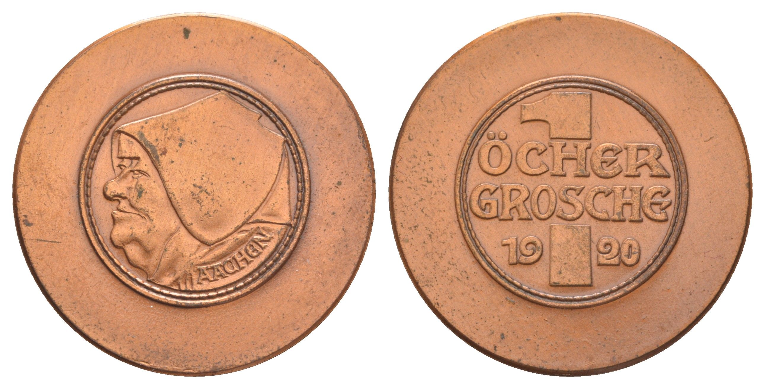 Аахен медаль с изображением монеты в 1 грош 1920 (1979) экземпляр 3.000 штук, был отчеканен по случаю вручении международной премии имени Карла Великого в 1979 году медь UNC 1528-644