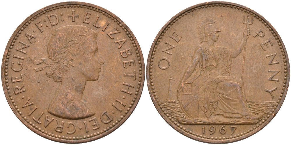 Великобритания 1 пенни 1967 Елизавета II (1952-2022) KM 897, Spink 4157 бронза 4574-326