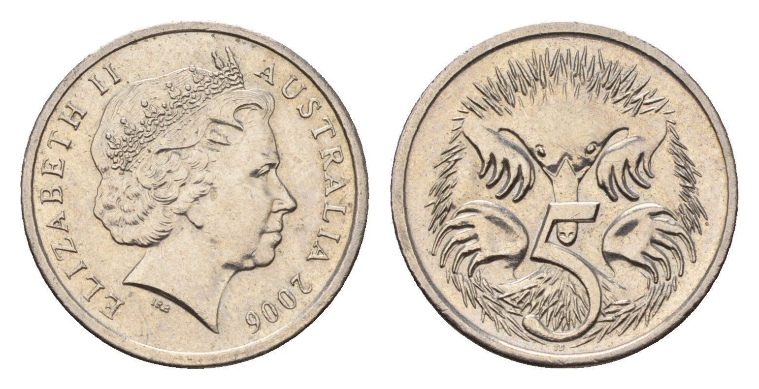 Австралия 5 центов 2006 ехидна, Елизавета II (1952-2022) KM 401 медно-никель 201-662