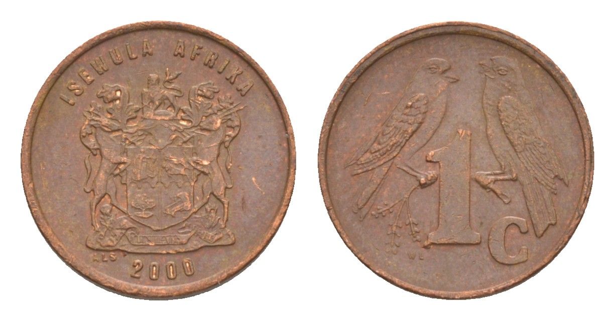 ЮАР 1 цент 2000 герб, капские воробьи KM 170 сталь плакированная медью 4602-239