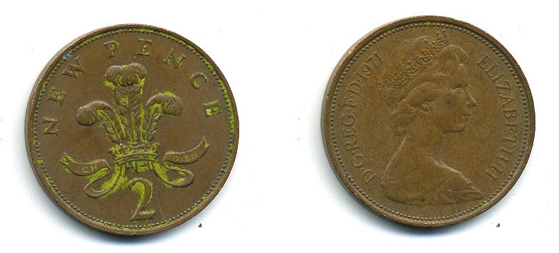 Великобритания 2 пенса 1971 Елизавета II (1952-2022) КМ 916, Spink 4235 (C1) бронза 4110-656