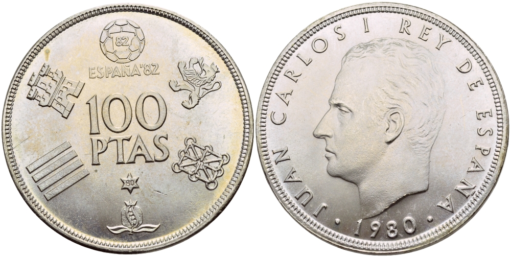 Испания 100 песет 1980 (80) чемпионат мира по футболу в Испании 1982 года, Хуан Карлос I (1975-) KM 820 медно-никель UNC 4537-325