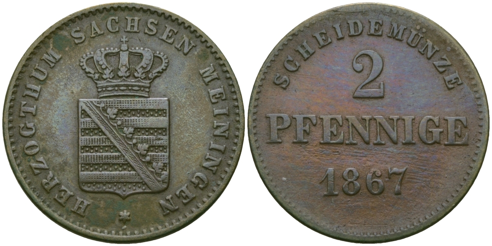 Саксен-Мейнинген 2 пфеннига 1867 Георг II (1866-1914) KM 174 медь 99-653