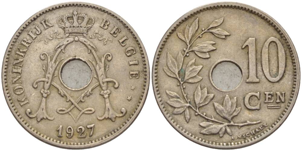 БЕЛЬГИЯ 10 САНТИМОВ 1927 BELGIE KM 86 медно-никель 4546-137