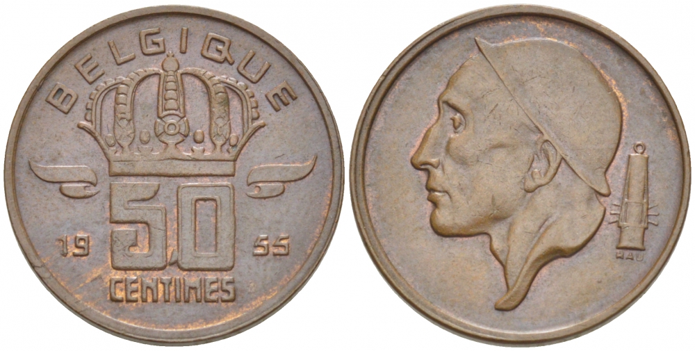 БЕЛЬГИЯ 50 САНТИМОВ 1955 BELGIQUE KM 144 бронза 3996-1229