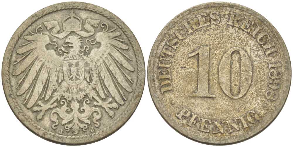 ГЕРМАНИЯ 10 ПФЕННИГОВ 1898 J KM 12, J. 13, Weege 8 медно-никель 261-1321