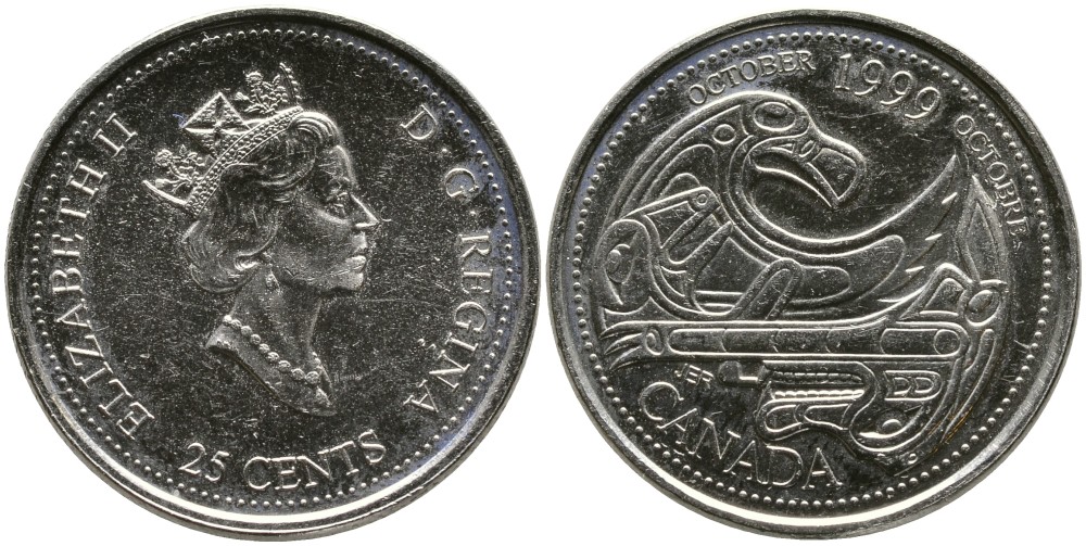 КАНАДА 25 ЦЕНТОВ 1999 СЕРИЯ МИЛЛЕНИУМ, ОКТЯБРЬ, ЕЛИЗАВЕТА II (1952-), ТРЕТИЙ ПОРТРЕТ В КОРОНЕ KM 351 никель UNC 4543-814