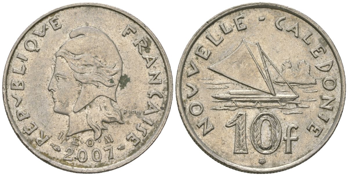 Французская Новая Каледония 10 франков 2007 рыбачья парусная лодка, (IEOM) KM 11a, Schoen 13a, Lec 99k медно-никель 56-835