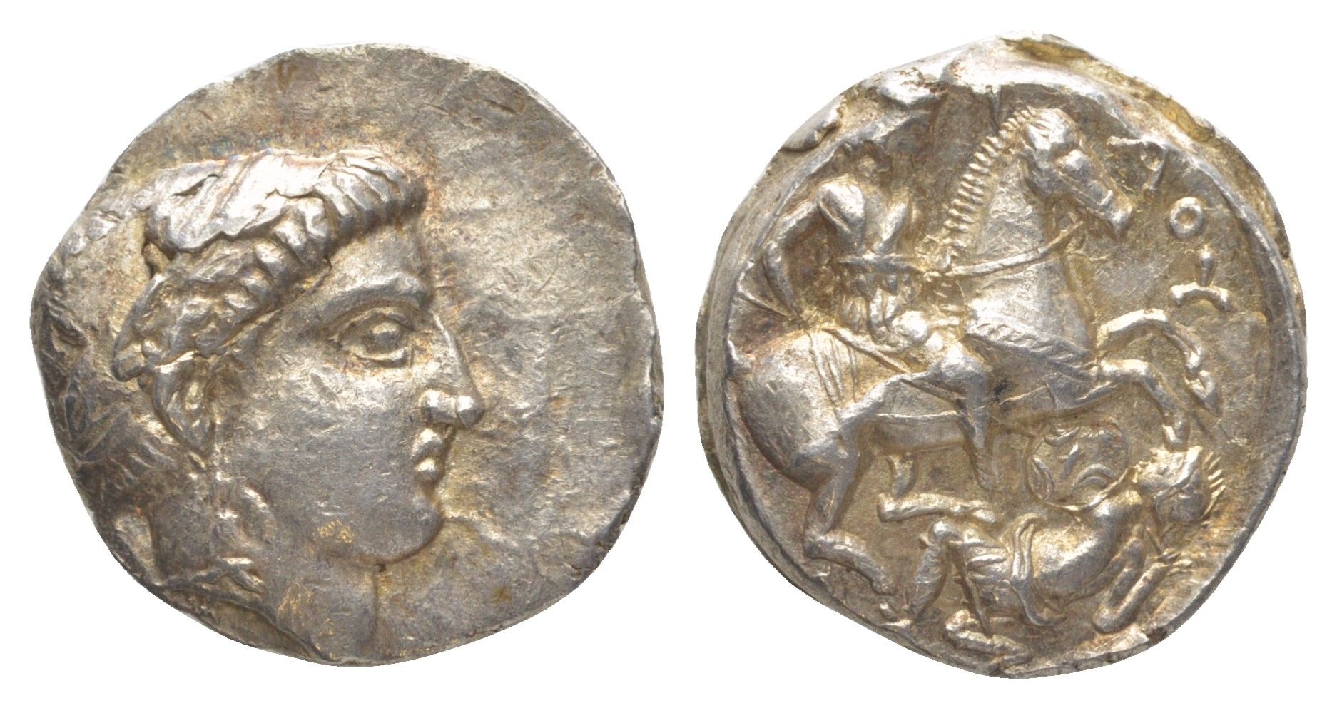 Пеония тетрадрахма 335-315 гг. до н.э. Патрей, голова Аполлона/пеонийский всадник поражает поверженного врага, 12,65 гр, about extremely fine Paeonian Hoard 445-447 серебро 00-814-35