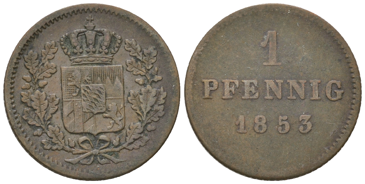 Бавария 1 пфенниг 1853 Максимилиан II (1848-1864) AKS 160, Jaeger 56 медь 4576-829