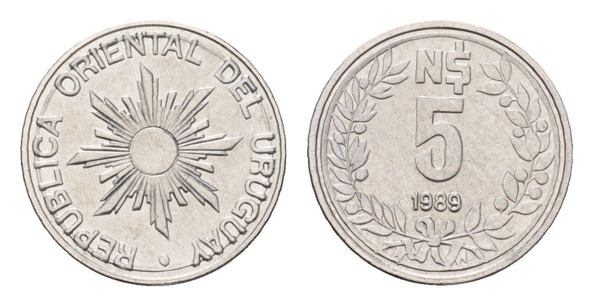Уругвай 5 новых песо 1989 KM 92 нержавеющая сталь UNC 4685-547