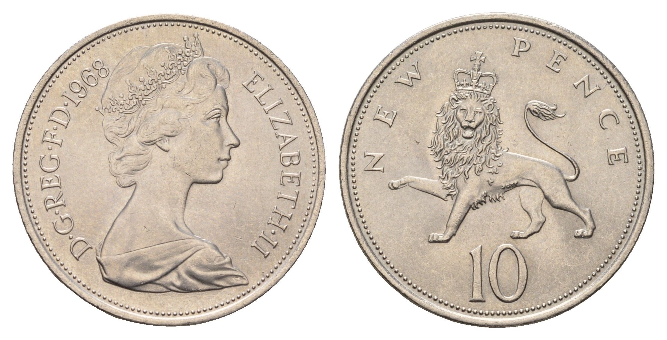 Великобритания 10 новых пенсов 1968 Елизавета II (1952-2022) KM 912, Spink 4231 (F1) медно-никель UNC 4675-644