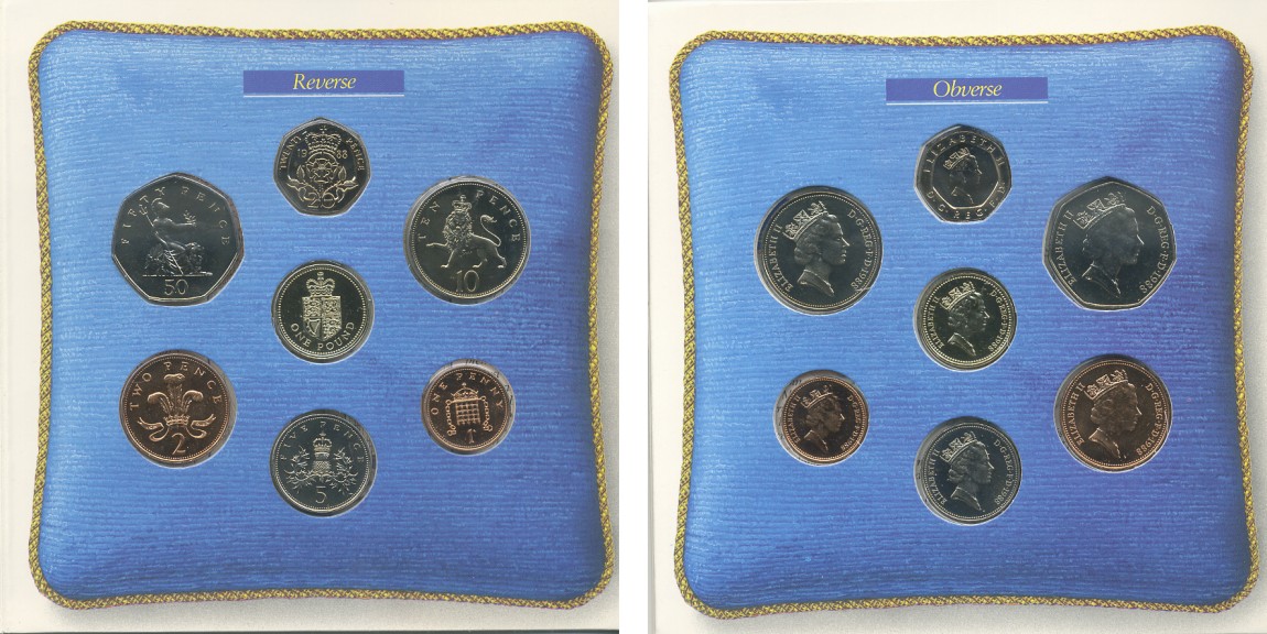 Великобритания официальный набор монетного двора из 7 монет (1, 2, 5, 10, 20 и 50 пенсов; 1 фунт) 1988  KM MS109 (935, 936, 937, 938, 939, 940 и 954) бронза, никель латунь и медно-никель BU 7-4-70