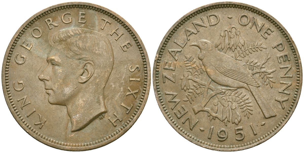 Новая Зеландия 1 пенни 1951 Георг VI (1936-1952), новозеландский туи KM 21 бронза 4536-416