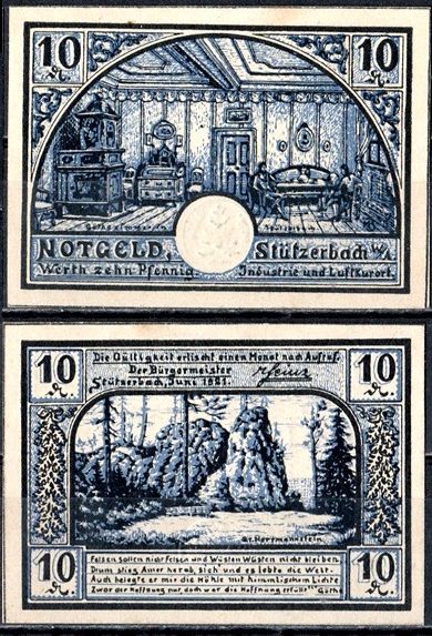 Штютцербах (Тюрингия) 10 пфеннигов 1921 редкая разновидность, не полный синий цвет Mehl Grabowski 1287.3-1/4 бумага UNC (пресс) 7555-54-2-1