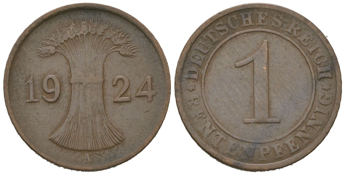 Германия 1 рентенпфенниг 1924 A KM 30 бронза 4615-228