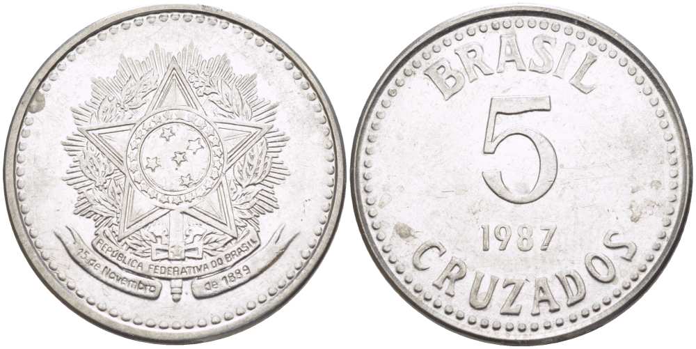 Бразилия 5 крузадо 1987 реформа (1986-1989) KM 606 нержавеющая сталь 65-315