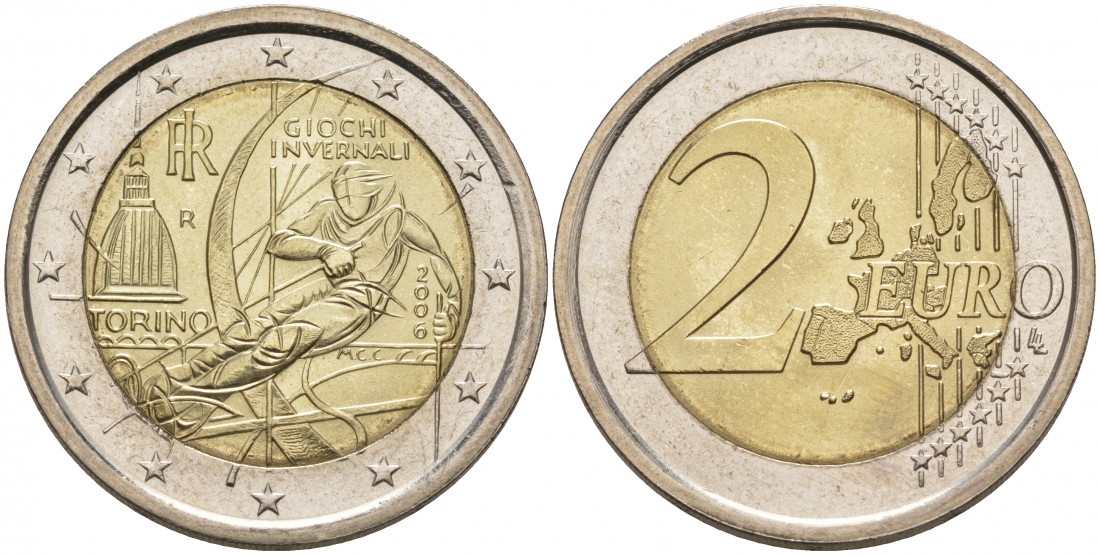 Италия 2 евро 2006 XX зимние Олимпийские игры в Турине 2006 года, лыжник KM 246 биметалл UNC M12-01