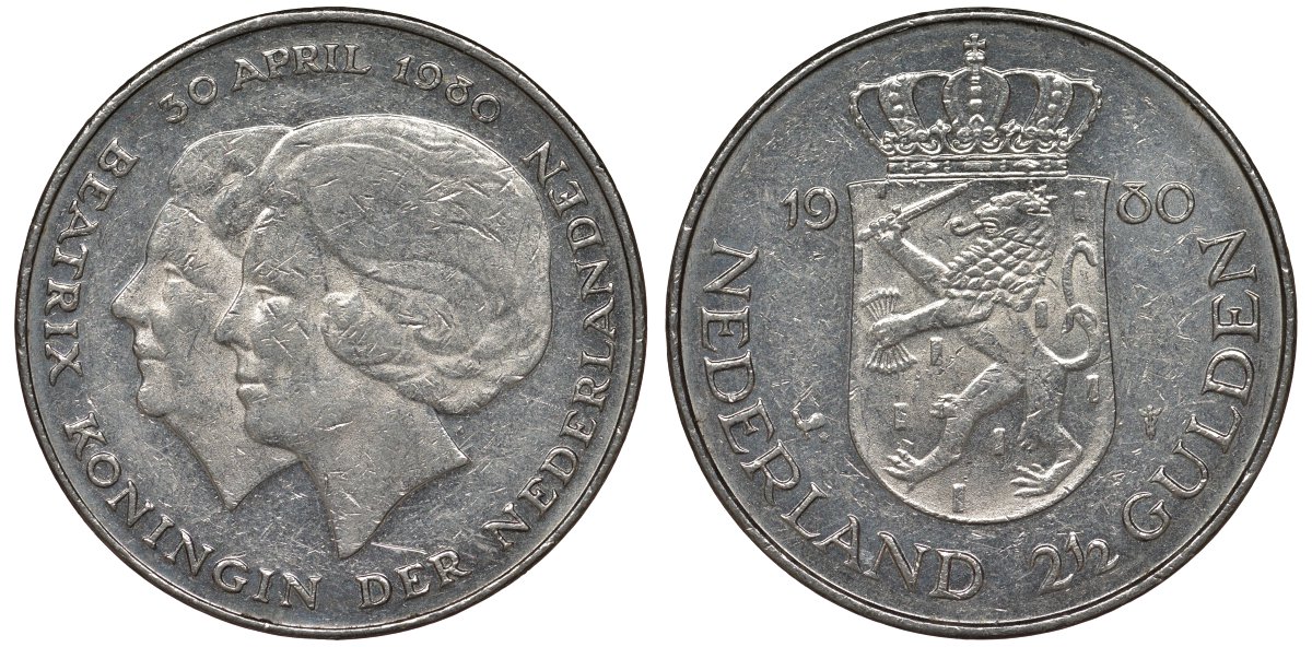 Нидерланды 2 1/2 гульдена 1980 коронация Беатрикс, 30 апреля 1980 KM 201 никель 4131-133