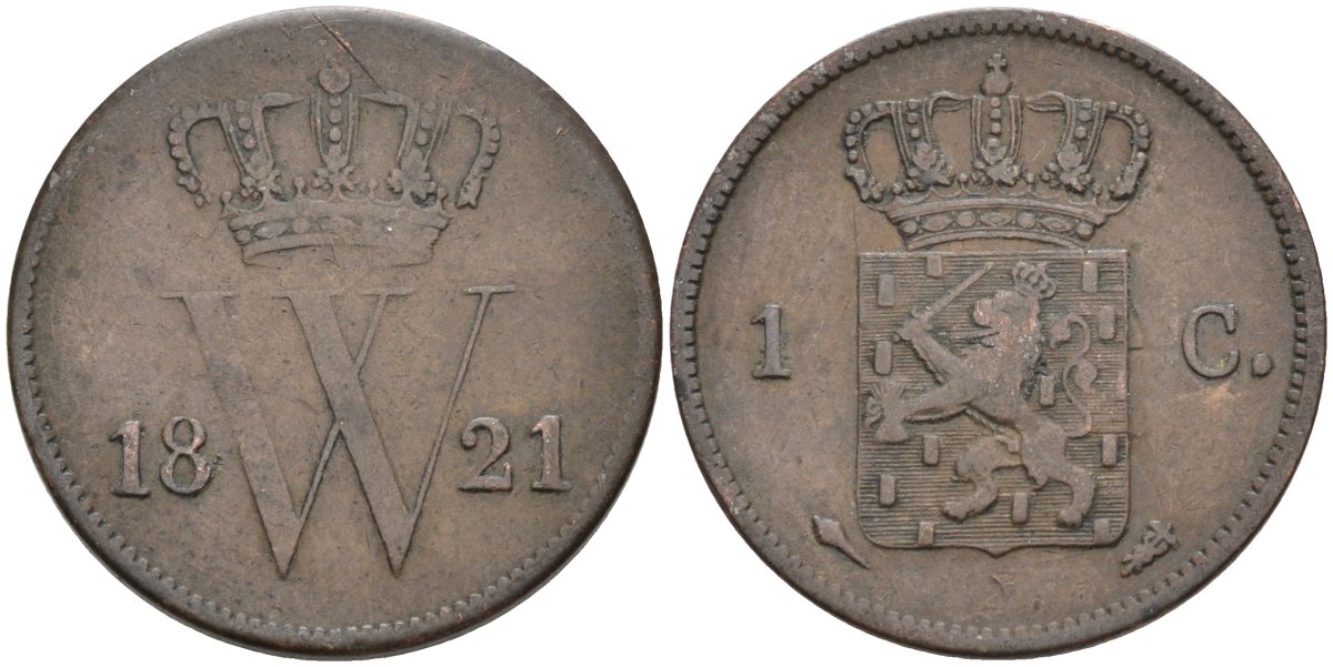 Нидерланды 1 цент 1821 Виллем I (1815-1840) KM 47 медь 1528-344